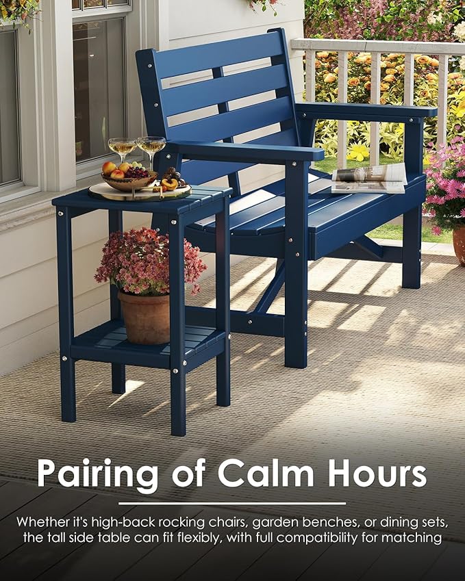 GREENVINES Tall-Outdoor-Side-Table Set of 2 | 23.5" | HDPE Plastic | Patio Adirondack End Tables | All Weather | 2-Tier | Blue | for Porch Garden Indoor & Rocking Chairs