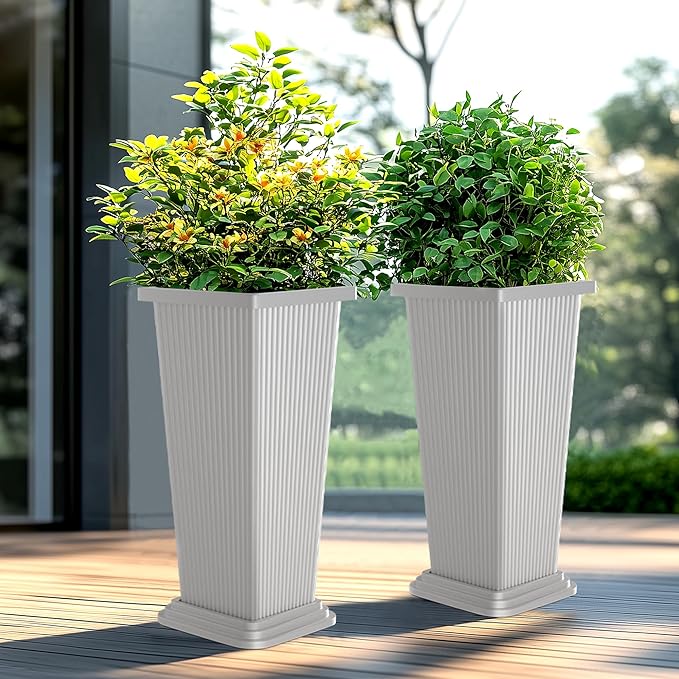 24" Tall Planters for Outdoor Plants, Set of 2 Large Outdoor Planters for Front Porch Decor with Drainage Hole, Front Porch Decor (Stripes-White)