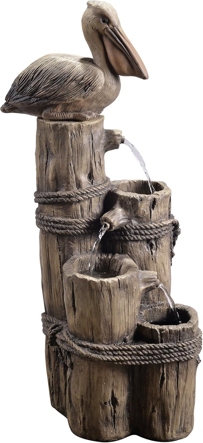 Teamson Home Nautical 3 Tiered Floor Waterfall Fountain with Pelican and Wooden Post, Pump for Outdoor Patio Garden Backyard Decking, 35 Inch Height, Brown