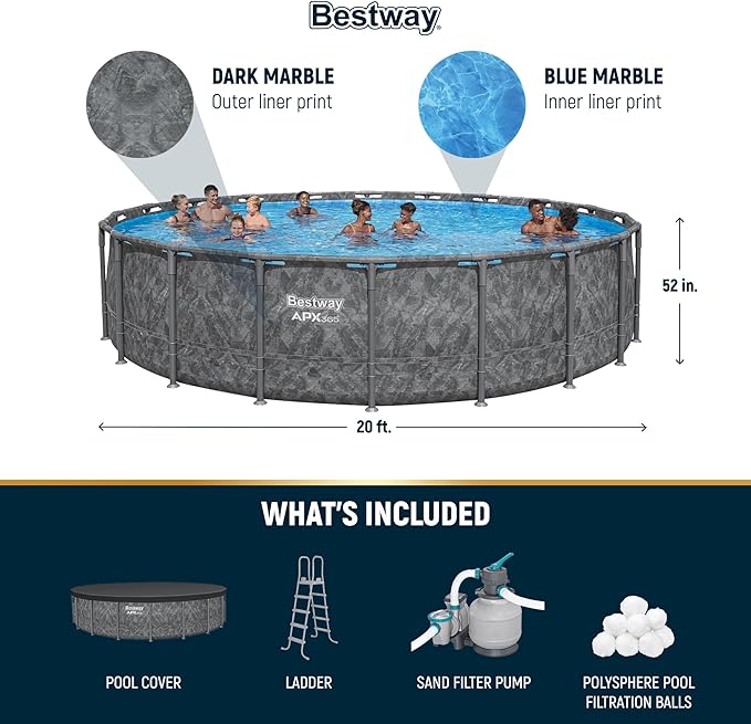 Bestway APX 365 20' x 52" Round Above Ground Swimming Pool Outdoor Backyard Framed Pool Set with Sand Filter Pump, Ladder, and Cover, Dark Marble