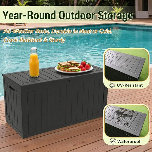 Deck Box outdoor waterpoorf, Storage Box Outdoor and Indoor for Pool Toys, Patio Cushions, Resin Storage Bin for Outside, Lockable (Black, 100 Gallon)