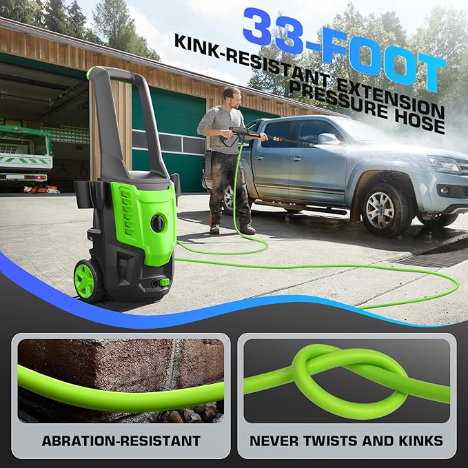 Professional Pressure Cleaner, Portable Power Washer with 4 QC Nozzles and Soap Bottle, Cleaner Machine for Cars/Home/Driveways/Patios/Decks/Fences, Green