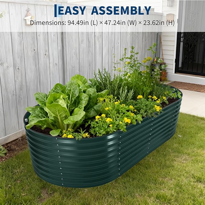 Oval Galvanized Raised Garden Bed Kit with Zippered PVC Cover, Easy Assembly, Thick Metal Outdoor Planter Box for Vegetables, Flowers, Patio Gardening, Dark Green