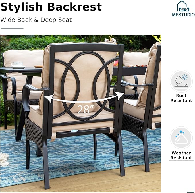 MFSTUDIO Patio Chairs Set of 4, Metal Wicker Dining Chairs with Thick Cushions and Armrests, Outdoor Furniture Chairs for Dining Table, Heavy Duty Wide Seat Chairs, 300lbs