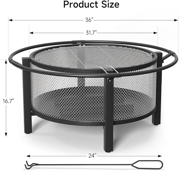 ONBRILL 2-in-1 36 Inch Fire Pit with Cooking Grill, Outdoor Wood Burning Firepit with Poker for BBQ, Bonfire, Picnic, Party, Round Metal Fire Pit for Outside, Backyard, Patio