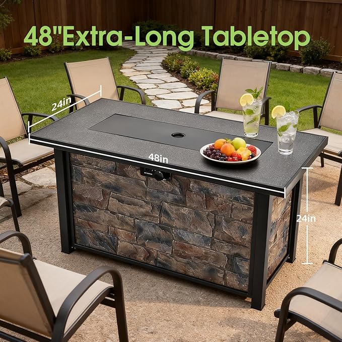 48" Propane Gas Fire Pit Table，Metal Tabletop & Polyresin Stone Look Base, with Metal Lid,Lava Rocks & Waterproof Cover, for Outside ，50000 BTU, Wide Top Surface,Christmas