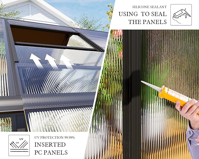 AMERLIFE 8x18x7FT Polycarbonate Greenhouse, Walk in Greenhouse with Quick-Connect System, Green House with 4 Windows and Swing Lockable Door, Greenhouses for Outdoors, Sunroom Black