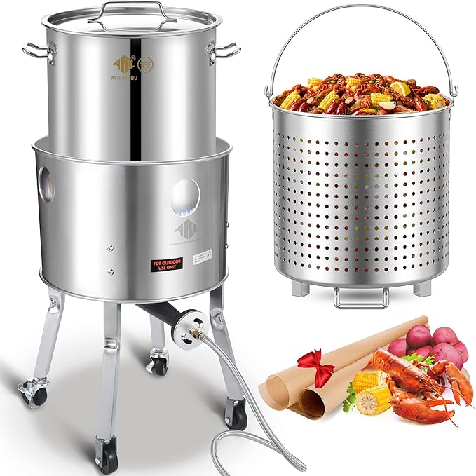 ARC 64QT Seafood Boiling Kit, 200,000BTU Stainless Steel Propane Burner And Crawfish Boil Pot With Strainer, Wheeled Legs and 360°Windscreen For Outdoors Cooking and Steaming, Large Turkey Fryer Pot