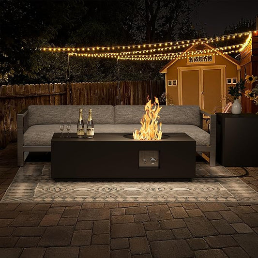 48 inch Propane Fire Pit Table, 2 in 1 Rectangular Outdoor Fire Pit with 20lb Tank Table, Outside Patio Deck and Garden, LED Gas Fire Pit Table with Lid and Stone, 50,000 BTU Adjustable Flame, Black