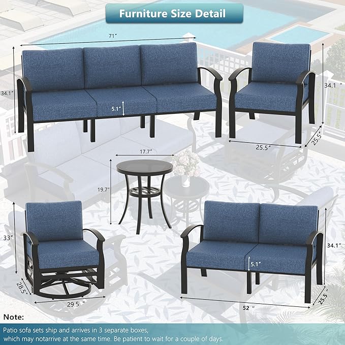 Aluminum Patio Furniture Set, 7 Seats Outdoor Patio Conversation Set with Swivel Chair Modern Metal Patio Sectional Sofa with Upgrade Cushions for Patio, Backyard Navy