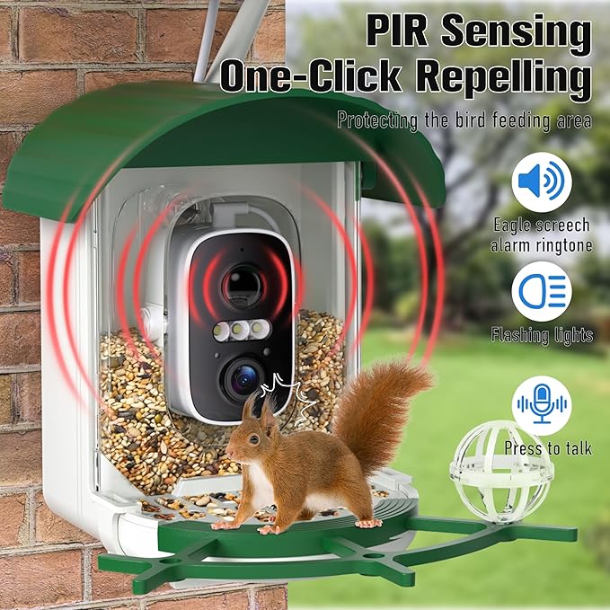Voxblend Bird Feeder with Camera 3W Solar Powered Panel: Smart Bird Feeder for Outdoors with AI Birds Identify Auto Capture, 2K Live Video, Instant Arrival Alert, Ideal Gift for BirdLovers(Green)