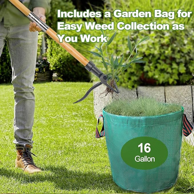 Stand Up Weed Puller Tool, Dandelion Hand Weeding Tool with 48" Long Handle Weed Remover Tool for Garden Lawn Yard, Includes a Reusable Garden Waste Bag