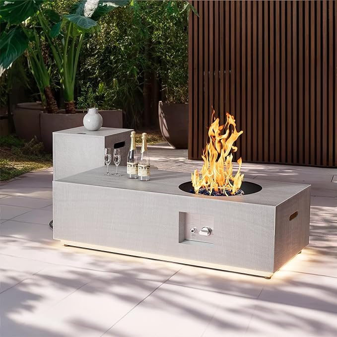 48 inch Propane Fire Pit Table LED, 2 in 1 Rectangular Outdoor Fire Pit with 20lb Tank Cover, Outside Patio Deck and Garden, Gas Fireplace Table with Lid and Stone, 50,000 BTU Adjustable Flame