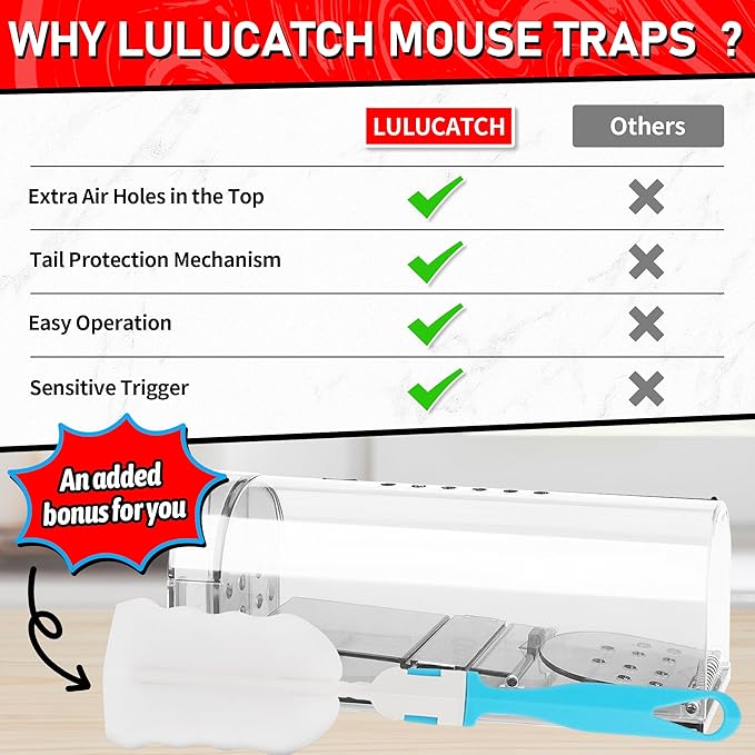 LULUCATCH Humane Mouse Traps 2 Pack, Live Mouse Traps, Catch Release Mouse Traps Indoor for Home, No Kill Mole Squirrel Rat Traps for House & Outdoors, Pet Safe, White