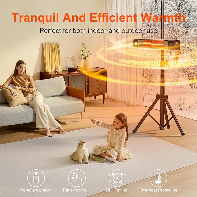 1500W Patio Heater,Outdoor Heater,with Remote, 24H Timer,3 Heat Levels,Waterproof,Overheat Protection,Wall Mounted/Tripod Electric Infrared Heaters for Garage, Backyard,Basement, Balcony,Porch