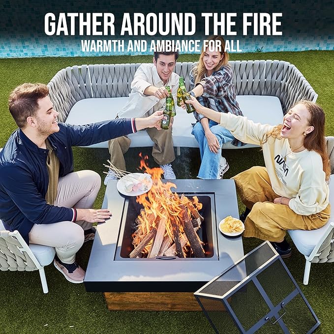 36" Firepits for Outside，Wood Burning Fire Pit with Wood-Grain Side Panels,Firepit for Outside with Mesh Cover & Fire Poker,Square Modern Outdoor Fireplace Fire Table.
