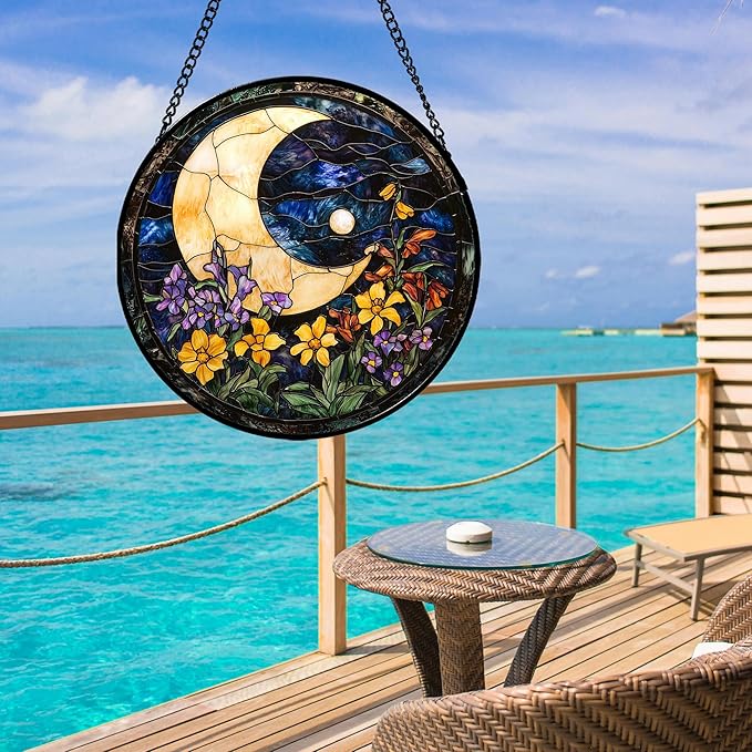 JOSUMALY Stained Glass Window Hanging - Blue Night Sky Moon Suncatcher for Door Terrace Garden Home Decor Wildflowers Sun Catcher Birthday Gifts for Lovers Women Men Dad Mom Nana 11.8 in