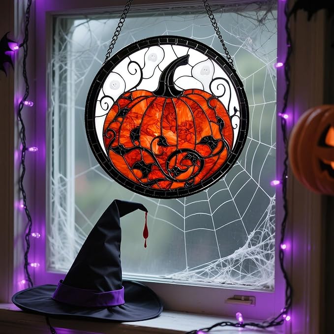 CRISGIF Stained Glass Window Hanging - Halloween Red White Scary Pumpkin Suncatcher for Doors Garden Home Spooky Rattan Sun Catchers Gothic Decor Horror Gifts for Women Men Friend Boy Girl 7.8 in