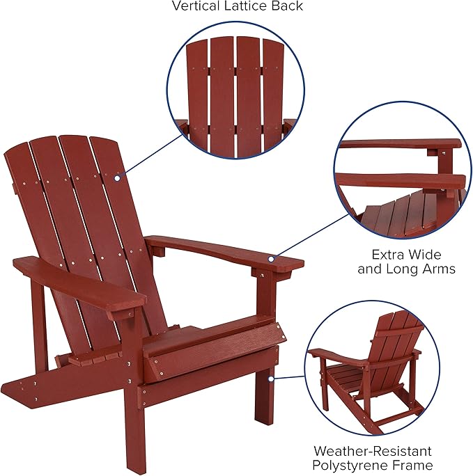 EMMA + OLIVER Campfire Set - Two Red Poly Resin Adirondack Chairs - 29" Star and Moon Fire Pit with Mesh Cover - Weather Resistant - Wood Burning Fire Pit
