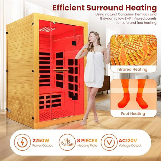 Infrared Sauna 2000W Wooden Saunas Home Spa Room Canadian Hemlock Wood Low-EMF Indoor Saunas with with Red Light Beauty Lamp for Two Person 74.8 * 47.2 * 41.3Inch