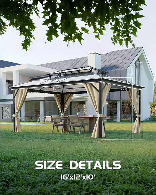GarveeLife Hardtop Gazebo 12 ft x16 ft for All Weather, Double Polycarbonate Sheets Roof, Aluminum Alloy Frame, Net, and Curtain, Permanent Building for Patio, Deck, Backyard, Lawn, and Garden