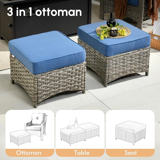 6 Pieces Patio Outdoor Furniture Set,All Weather Wicker Rattan Patio Seating Sofa and Chair Set w/Ottoman and Glowing Coffee Table,Outdoor Conversation Sets for Deck Yard Garden,Blue