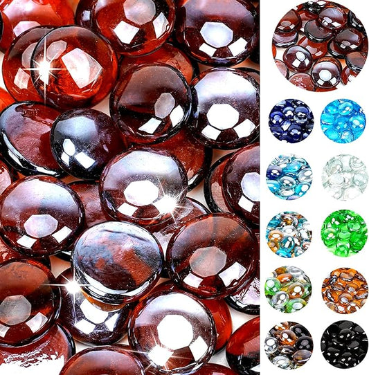 onlyfire Flat Fire Glass Beads for Propane Fire Pit, 1/2 Inch Reflective Firepit Glass Rocks 10 Pounds Flat Marbles for Gas Fireplace and Fire Pit Table, High Luster Amber