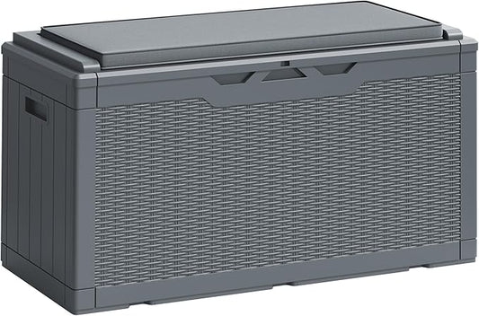 Greesum 100 Gallon Resin Deck Box Large Outdoor Storage Boxes with Cushions for Garden Tools, Patio Furniture Pillows, Pool Supplies, Gray