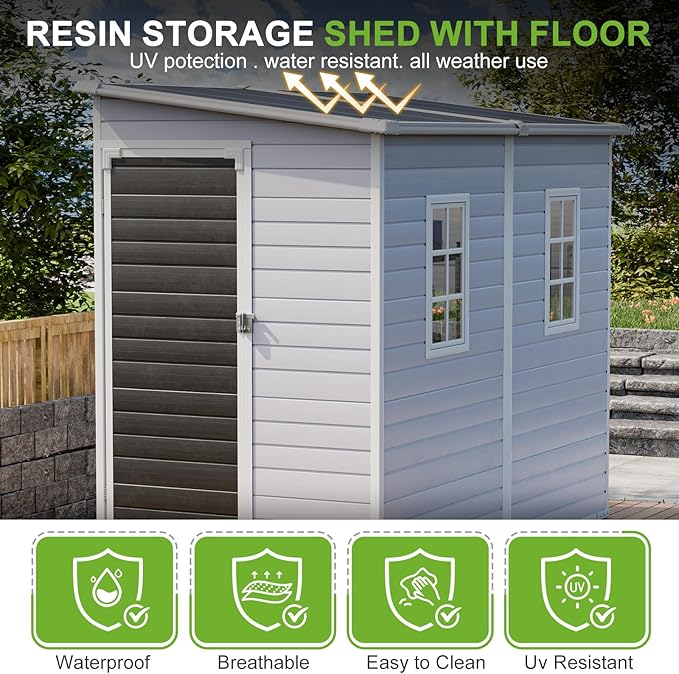 4x8 FT Plastic Storage Sheds Outdoor with Floor and Window, Lean to Resin Shed Easy to Install, Compact Sheds & Outdoor Storage/Tool Shed for Backyard Patio Lawn, Gray