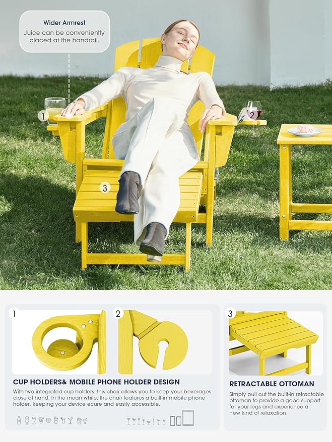 KINGYES Folding Adjustable Adirondack Chair with Ottoman & 2 Cup Holders, HDEP Multifunctional Adirondack Chair with Footrest, Yellow