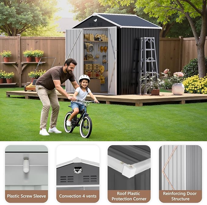 8x6 FT Outdoor Storage Shed, Metal Sheds & Outdoor Storage, Waterproof Sheds with Lockable Doors for Backyard (No Window)