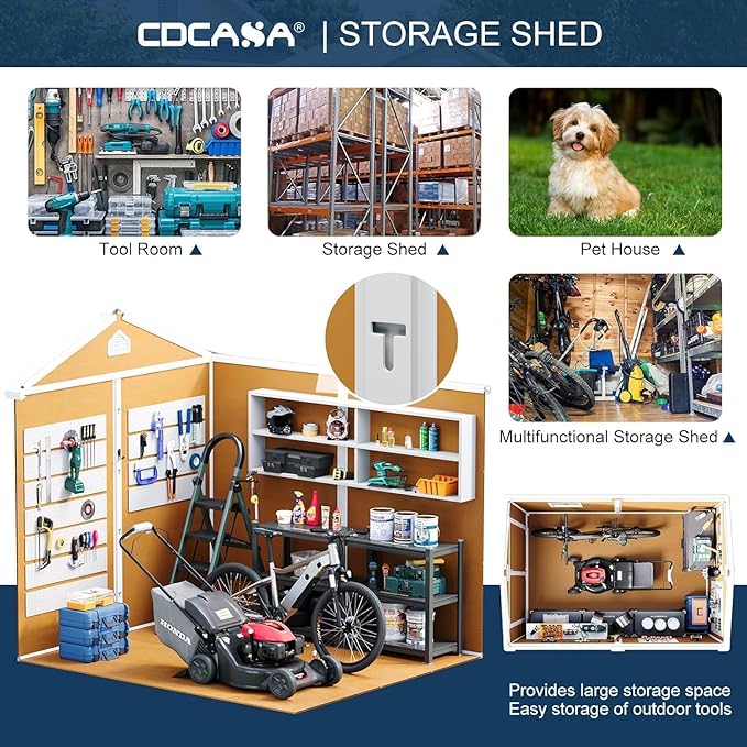CDCASA 8x6 FT Resin Shed, Waterproof Large Outdoor Storage Shed with Floor Included & Vents, Outside Plastic Tool Shed for Garden Patio Poolside Lawn, Wood-Like Brown