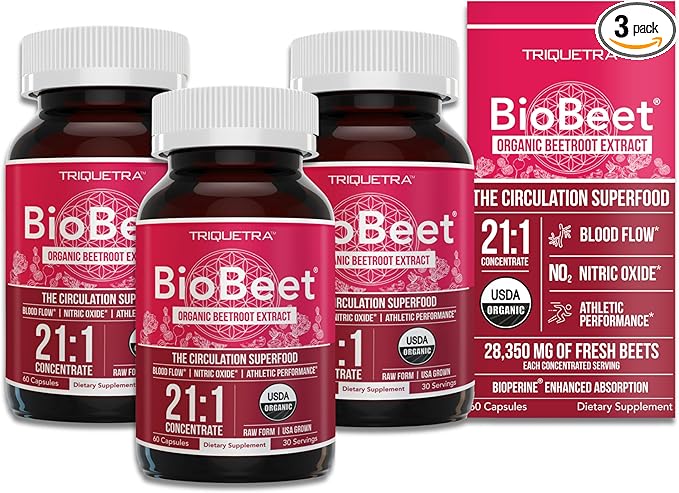 BioBeet® Max Strength Beet Root Capsules - 21:1 Concentrate, Each Serving Derived from 28,350 mg Organic Beetroot - Absorption Enhancement with BioPerine® Black Pepper Extract (60 Capsules) - 3-pack