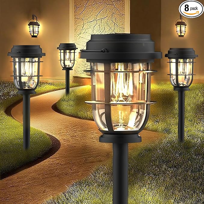 Bright Solar Pathway Lights Outdoor, 8 Pack Waterproof IP65, Auto On/Off Solar Powered Garden Lights for Yard Lawn Walkway Landscape Pool Outside - 3-in-1 Hanging, Tabletop & Stake Lighting