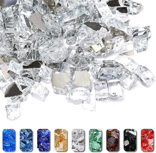 GRISUN 20 Pounds White Fire Pit Glass - 1/2 Inch Reflective Tempered Fire Glass Rocks for Natural or Propane Fireplace, Safe for Outdoors and Indoors Firepit, High Luster