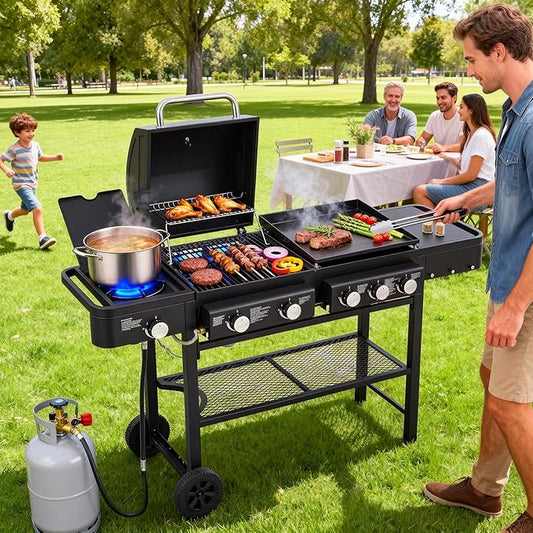 Unovivy 5-Burner Propane Gas Grill and Griddle Combo with Side Burner, BBQ Grills with Built-in Thermometer, 56,000 BTU Barbecue Grill, Oil Tray, Outdoor Patio Garden
