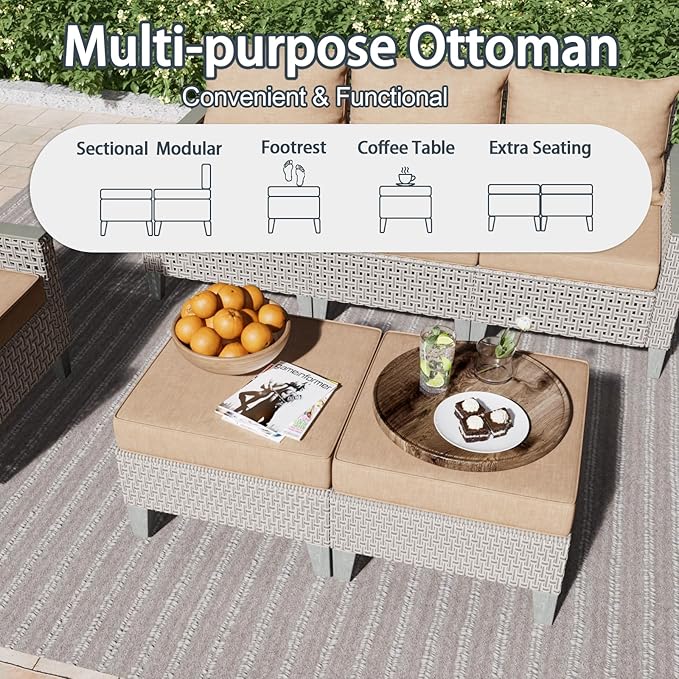 Outdoor Patio Furniture Set with Rattan Fire Pit Table 8-Piece Modular Wicker Sectional Sofa with Ottomans and Thick Cushions, Modern Rattan Outdoor Conversation Couch, Khaki