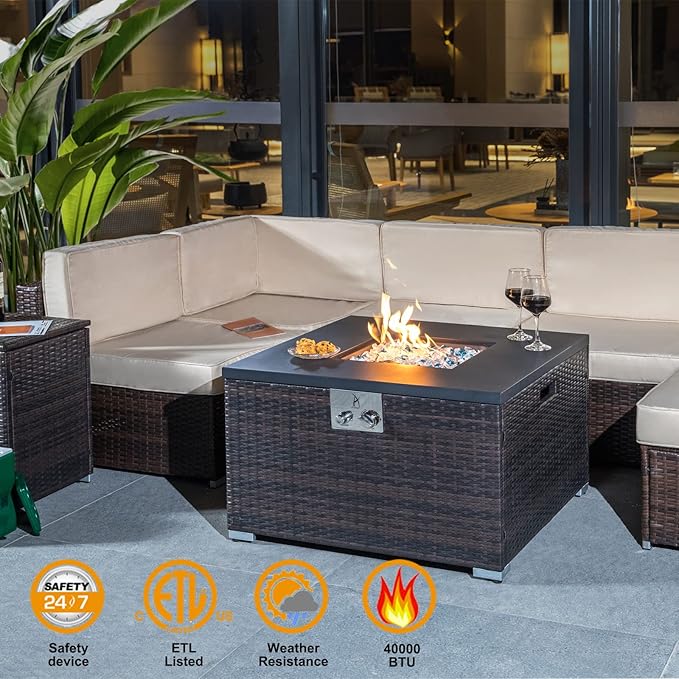 32'' Outdoor Low Profile Fire Table, 50,000 BTU Fire Table with Brown Wicker, Painted Steel Tabletop, Mix Color Glass Rocks, Including Lid and Cover, Fits 20lb Tank Outside, Square