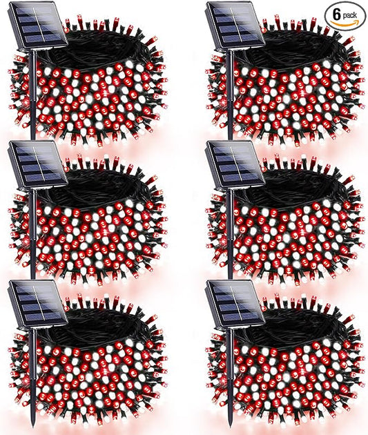 6 Pack 270FT Solar Christmas Lights Outdoor Waterproof, Super Bright 480 LED Solar String Lights with 8 Lighting Modes, Green Wire Solar Twinkle Tree Lights for Outside Xmas Party (Red and White)
