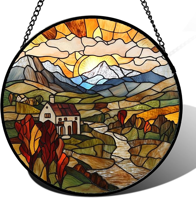 QZQCBLC Stained Glass Window Hanging Farm Pastoral Scenery Large 15" - Sunrise Suncatcher Door Garden Sun Catcher Home Decor Birthday Christmas for Mom Men Woman Nana Friend Wife