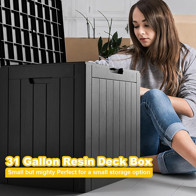 32 Gallon Deck Box Large Outdoor Storage for Patio Furniture,Outdoor Cushions,Garden Tools and Pool Supplies,Waterproof,Resin,Lockable(Black)