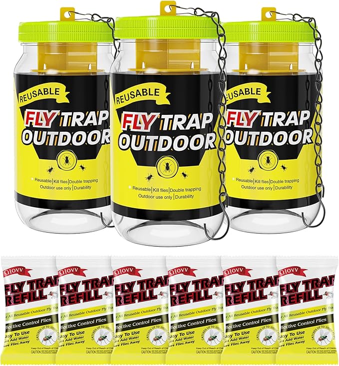 Reusable Fly Traps Outdoor Bottles, 3 Pack Fly Killer Catcher Jar with 6 Natural Magnet Bait Refills Lure, Flies Bug Insect Trap Control Outdoor Hanging for Outside Barns, Stable, Patio