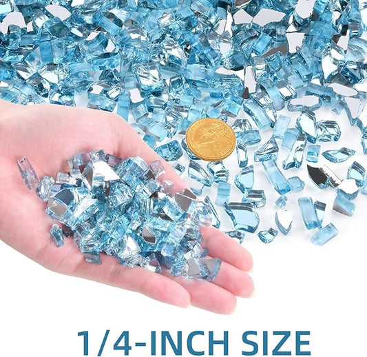 GasSaf 1/4 Inch Fire Glass Reflective Tempered Fireglass Cut Crushed FireGlass for Fire Pit, Fireplace, Replaces Existing Gas Logs & Lava Rocks (20 Pound)(Caribbean Blue)