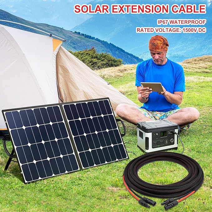 Twin Wire 20FT Solar Extension Cable - 10AWG (6mm²) Solar Panel Connector, with 4 Pairs-IP67-Male/Female Solar connectors for Outdoor Automotive RV Boat Marine Solar Panel- Black & Red