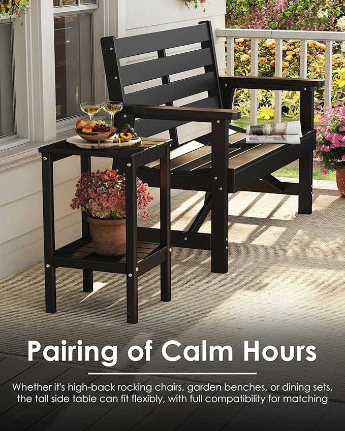 GREENVINES Tall-Outdoor-Side-Table | 23.5" | HDPE Plastic | Patio Adirondack End Tables | All Weather | 2-Tier | Black | for Porch Garden Indoor & Rocking Chairs