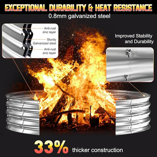 60 Inch Fire Pit Ring 5FT Galvanized Steel, 12" Raised Heavy Duty Wood Burning Fire Pits&Outdoor Fireplace, Heat Resistant Campfire Ring with Spark Guard, for Outdoor Backyard, Patio & Camping Use