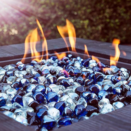 Fire Glass Diamond 1 Inch Fire Pit Glass Rocks for Propane or Gas Fire Pit 20 Pounds White/Onyx Black/Cobalt Blue Blend