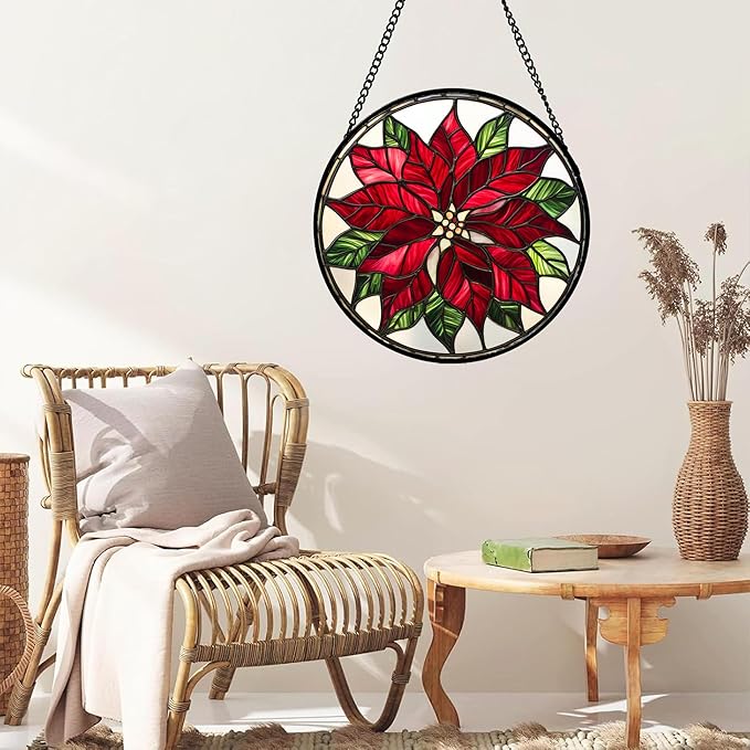 CRISGIF Stained Glass Window Hanging - Red Poinsettia Birth Flower Suncatcher for Door Garden Yard Sun Catchers Decor Christmas Mother's Day Birthday Gifts for Women Mom Nana Friend Men 9.8 in