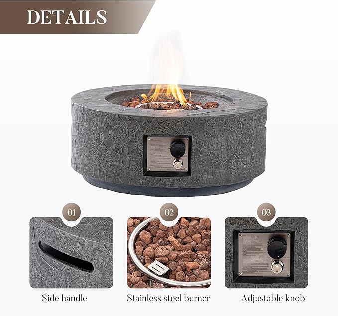 Cosiest Propane Fire Pit for Outside, 28 in Round Gas Fire Pits for Outdoor Patio, Certified, 50000 BTU Concrete Rectangle Base with Rain Cover, Free Lava Rocks