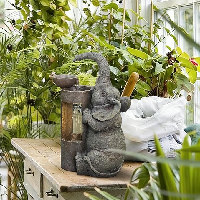 Tankana Elephant Waterfall Fountain for Indoor Desktop & Outdoor Use Small Garden Water Feature with LED Light Quiet Mini Cute Table Water Fountains for Patio, Yard, Home Decor